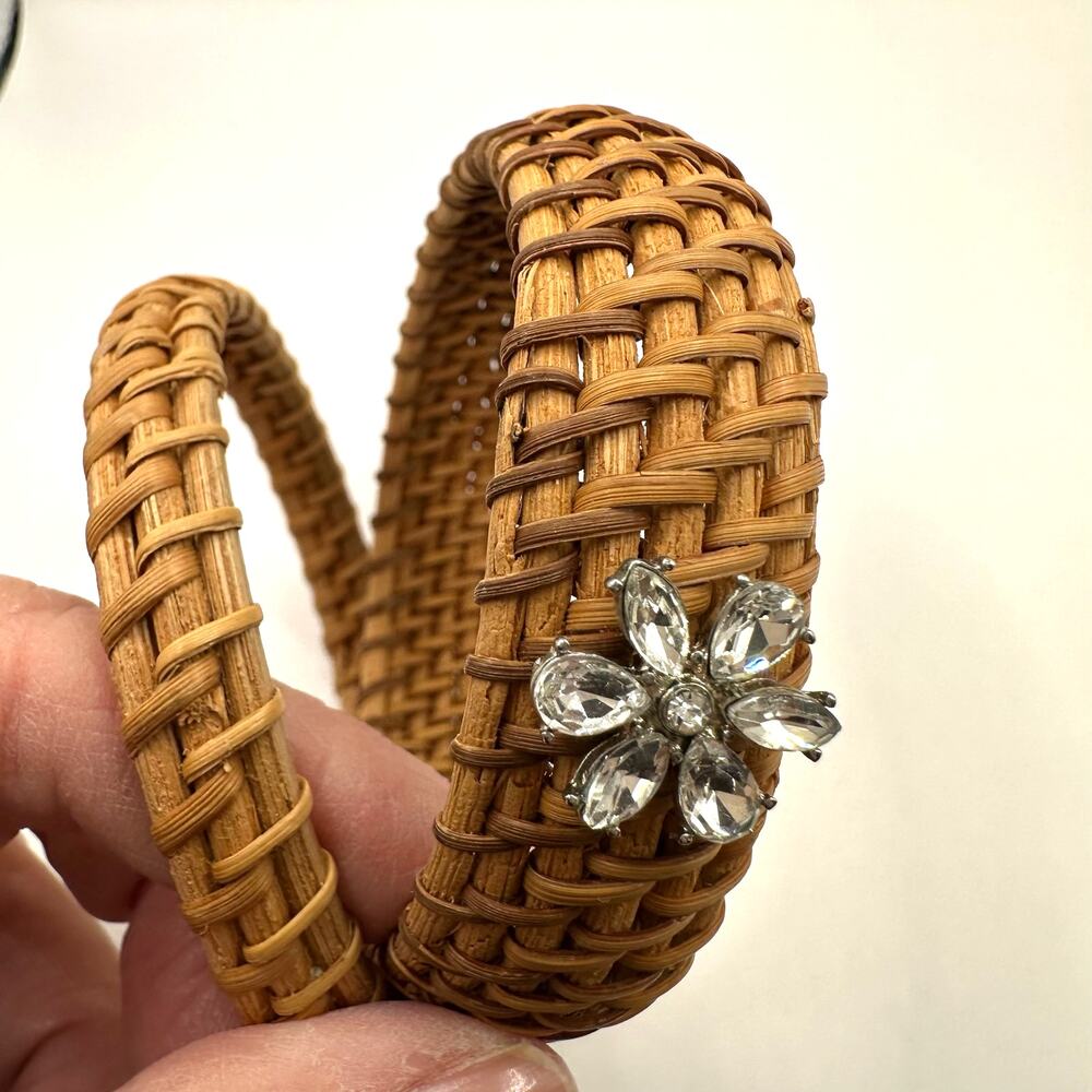 Wicker Bracelet Set of 2 Bangle Brown Tan Flower Rhinestone Palm Beach Summer